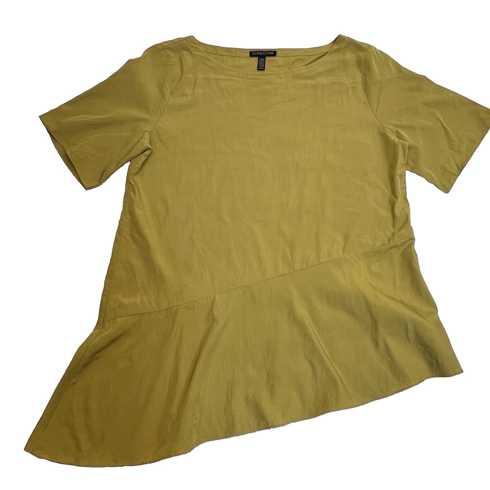 EILEEN FISHER Womens Petite Blouse Asymmetrical Cut Green Mustard, Sz PS